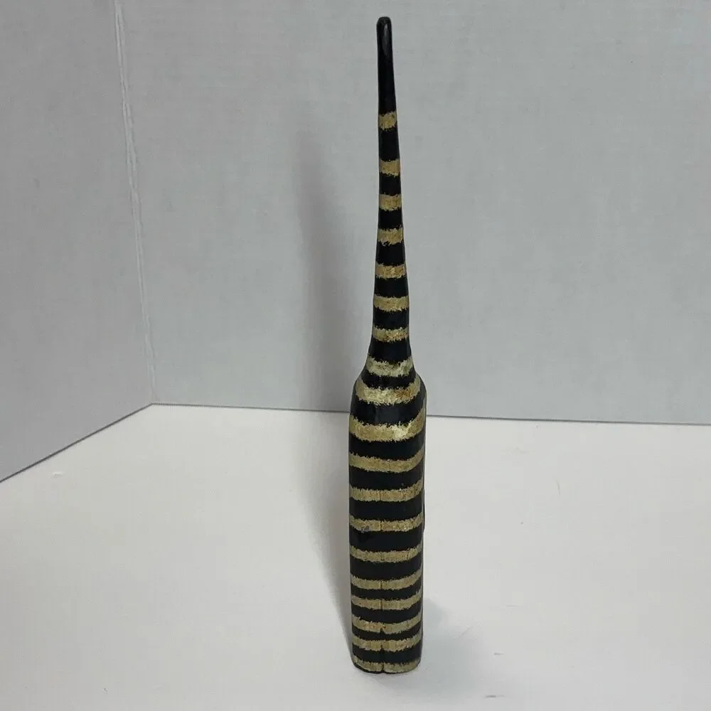 Carved Wooden Striped Cat Figurine Folk Art Hand-Painted Black Gold